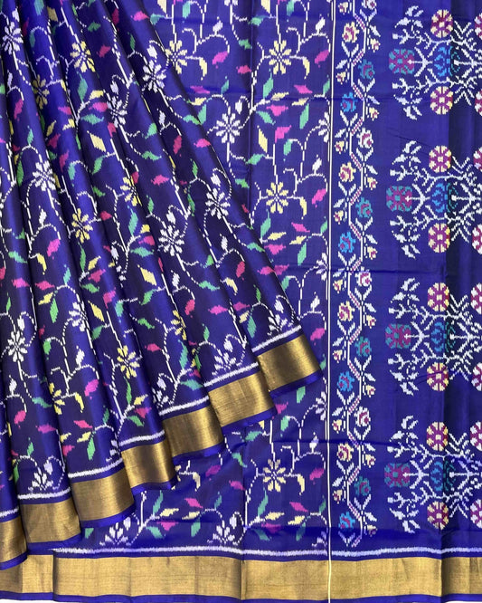 Blue Fancy Leaves Patola Saree - SindhoiPatolaArt