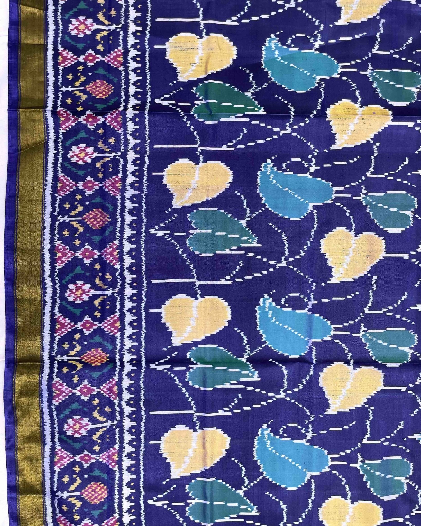 Blue Fancy Leaves Patola Saree - SindhoiPatolaArt