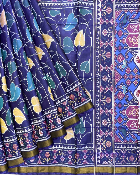 Blue Fancy Leaves Patola Saree - SindhoiPatolaArt