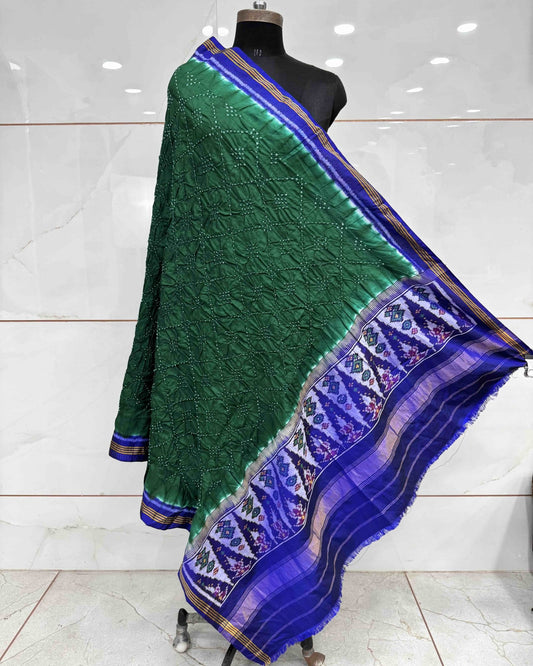 Blue & Green Bandhani Patola Dupatta - SindhoiPatolaArt