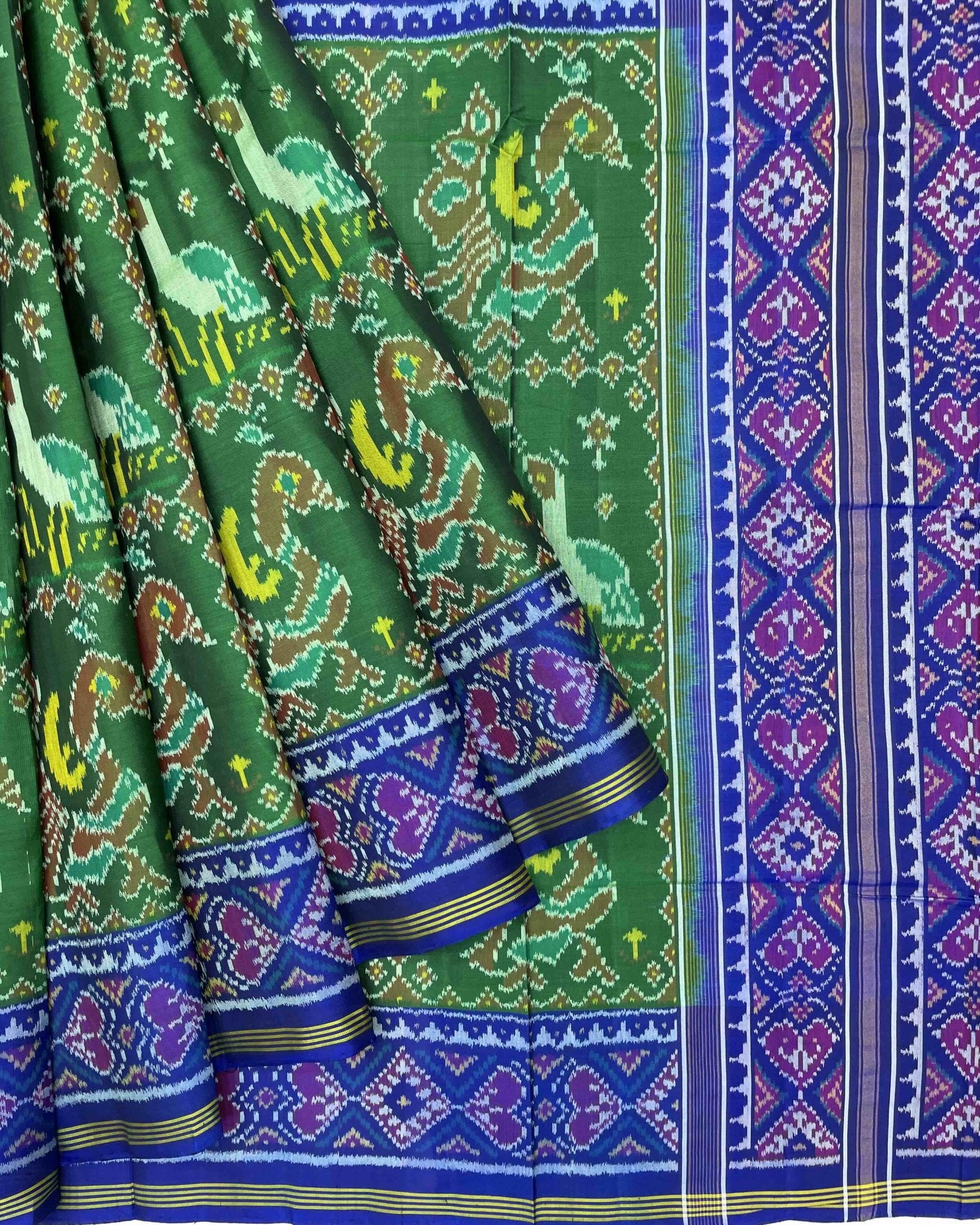 Blue & Green Big Figure Peacock Swan Patola Saree - SindhoiPatolaArt