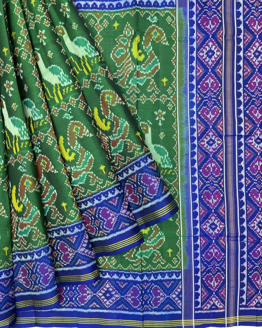 Blue & Green Big Figure Peacock Swan Patola Saree - SindhoiPatolaArt