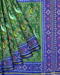 Blue & Green Big Figure Peacock Swan Patola Saree - SindhoiPatolaArt