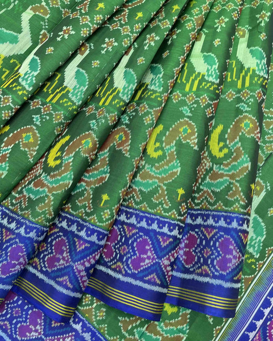 Blue & Green Big Figure Peacock Swan Patola Saree - SindhoiPatolaArt