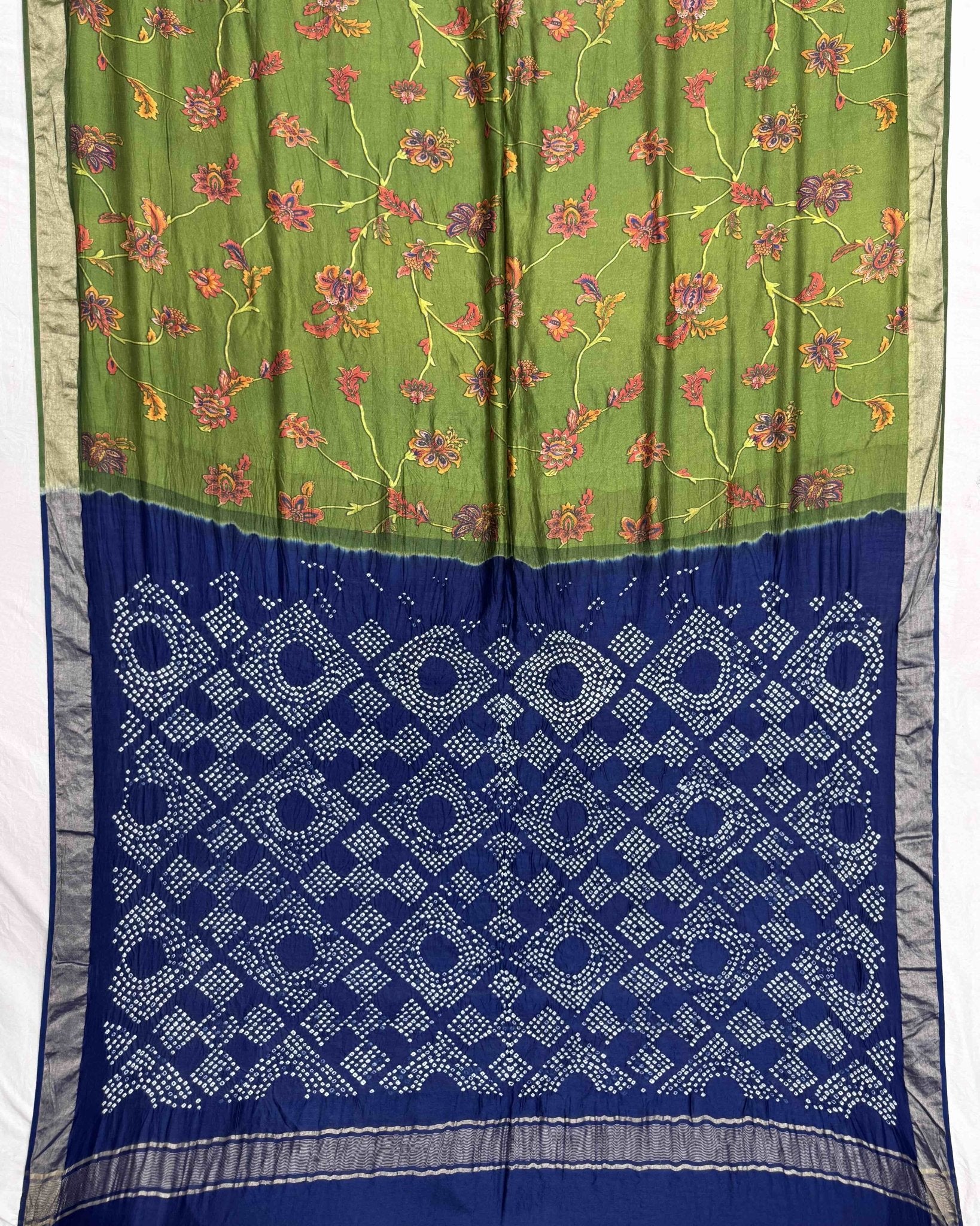 Blue & Green Flower Cotton Silk Pichhwai Bandhani Saree - SindhoiPatolaArt