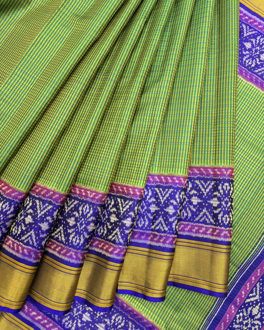 Blue & Green Small Chex Patola Saree - SindhoiPatolaArt
