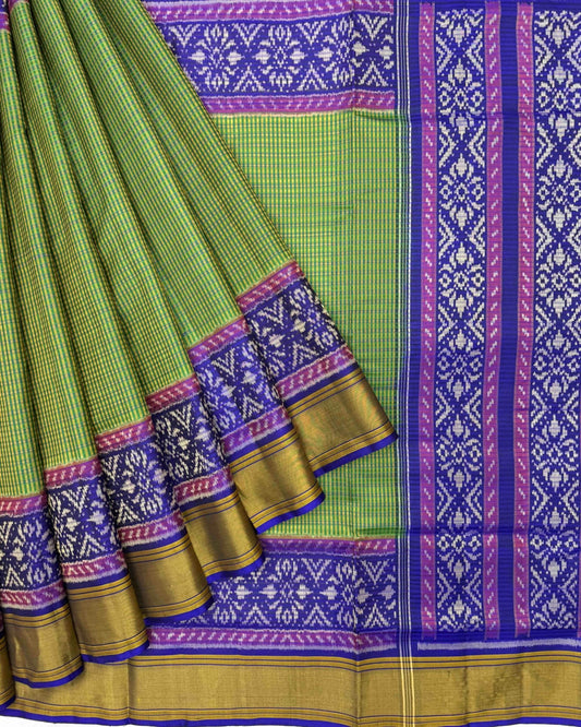 Blue & Green Small Chex Patola Saree - SindhoiPatolaArt