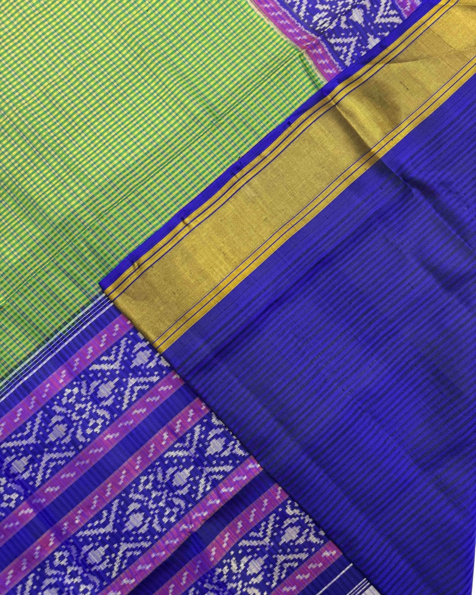 Blue & Green Small Chex Patola Saree - SindhoiPatolaArt