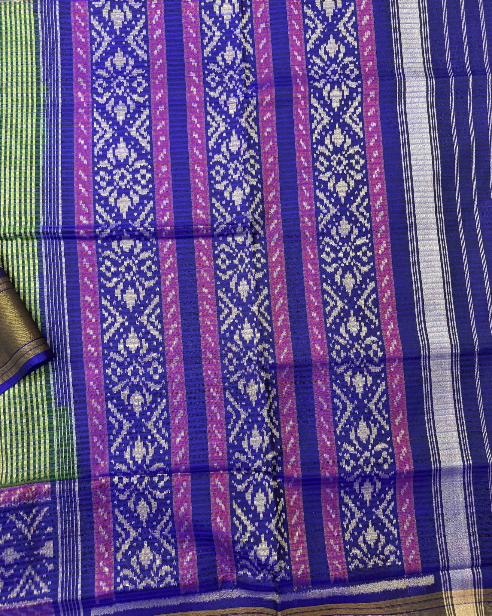 Blue & Light Green Chex Patola Saree - SindhoiPatolaArt