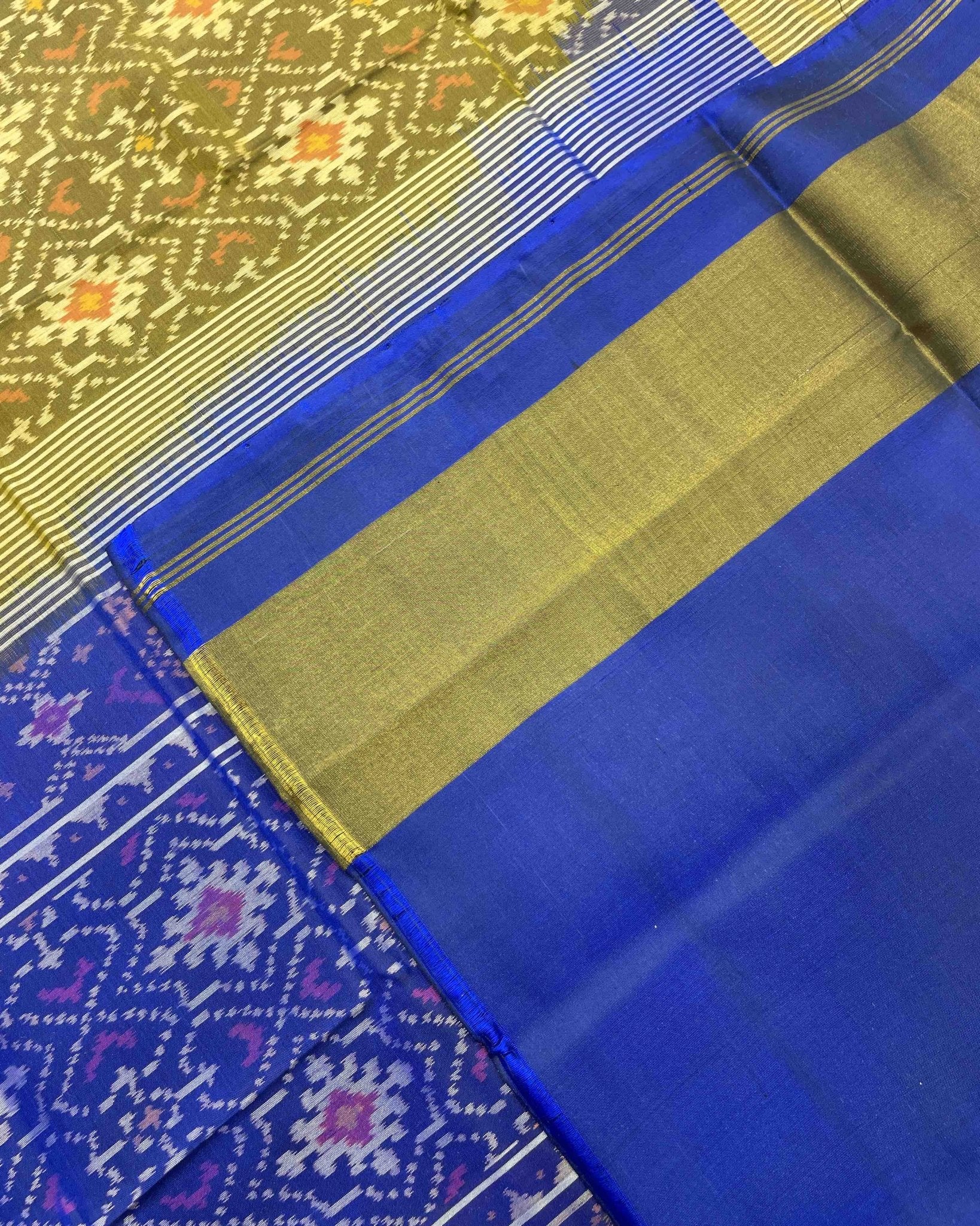 Blue & Mehendi Panchanda Designer Patola Saree - SindhoiPatolaArt