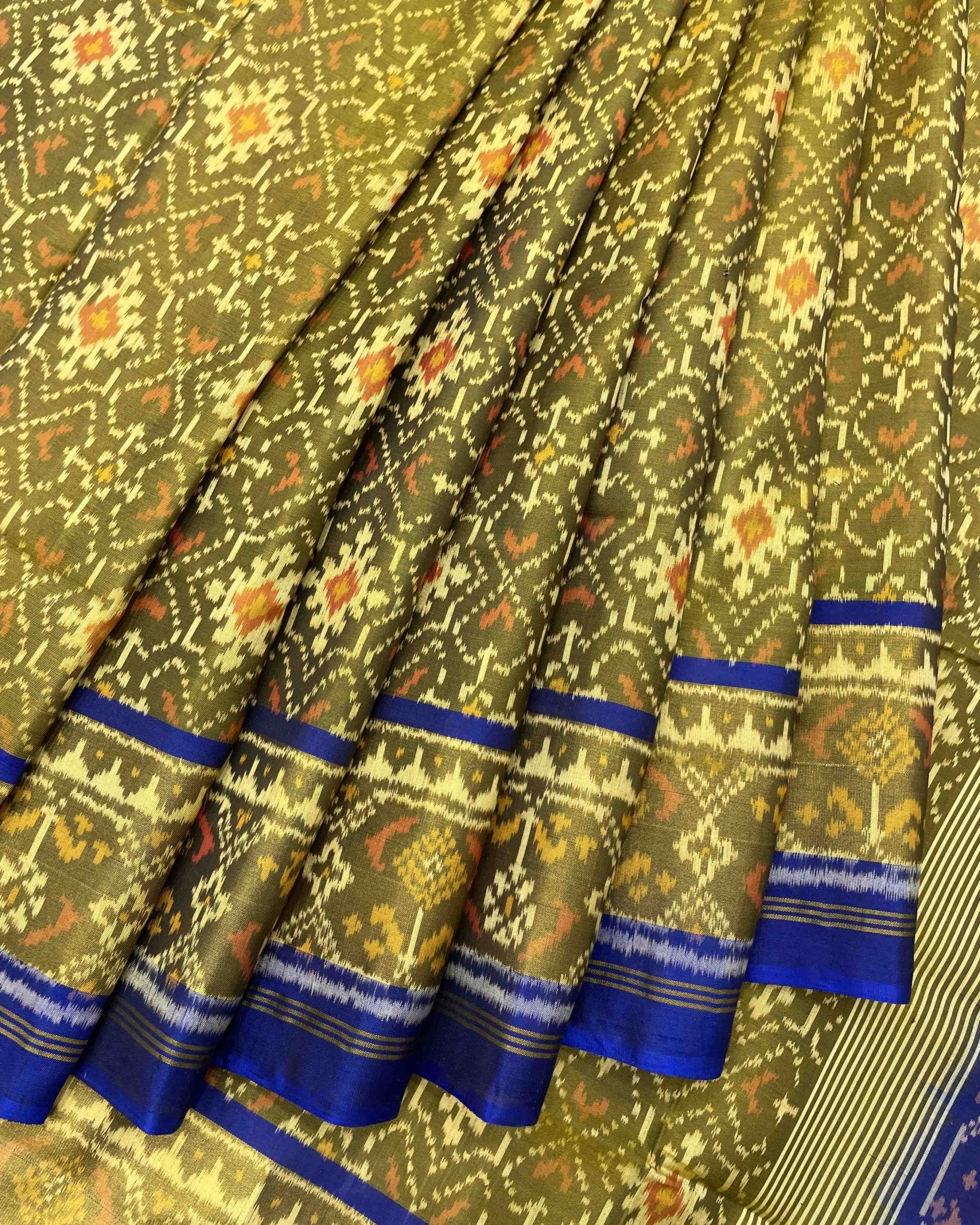 Blue & Mehendi Panchanda Designer Patola Saree - SindhoiPatolaArt