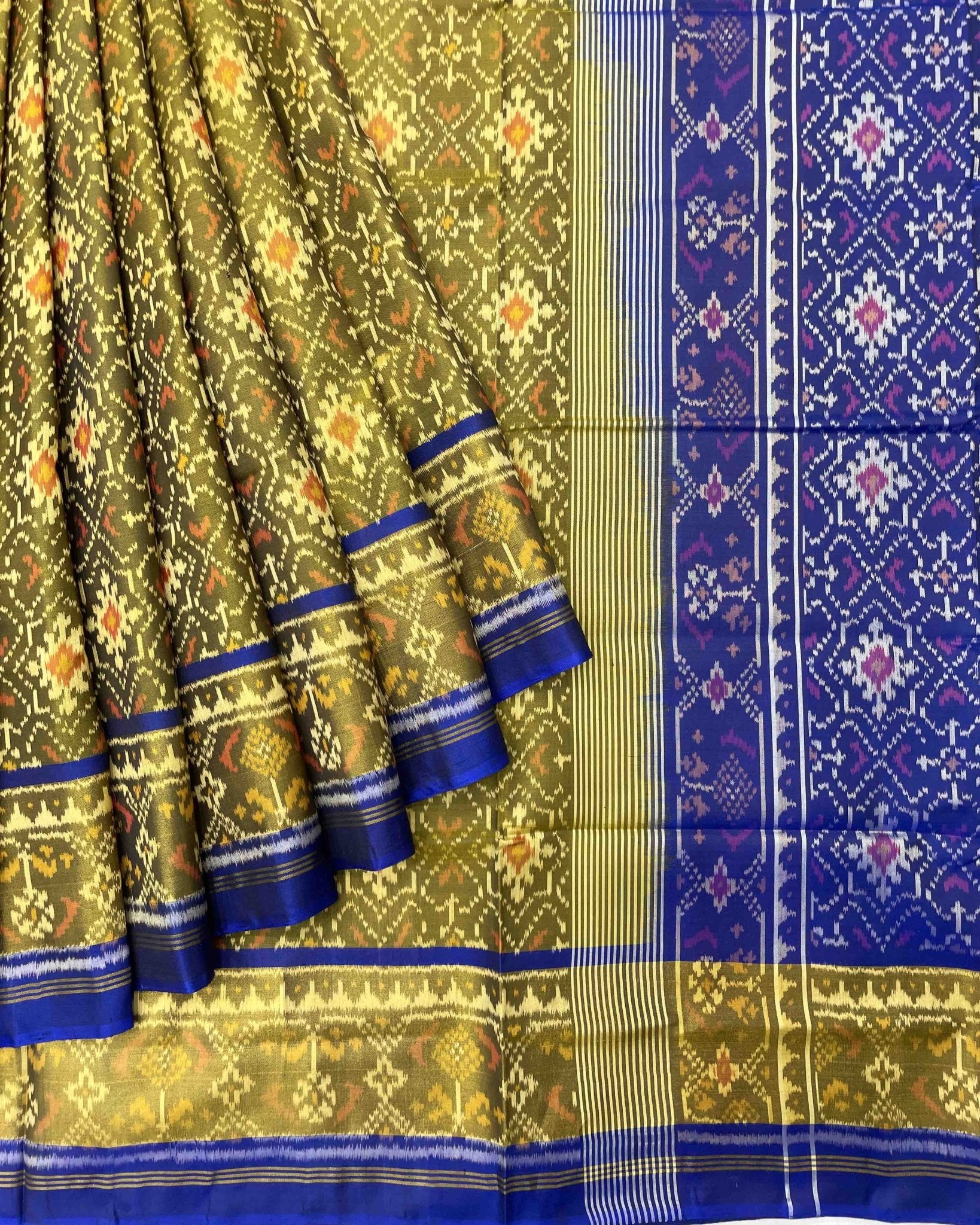 Blue & Mehendi Panchanda Designer Patola Saree - SindhoiPatolaArt