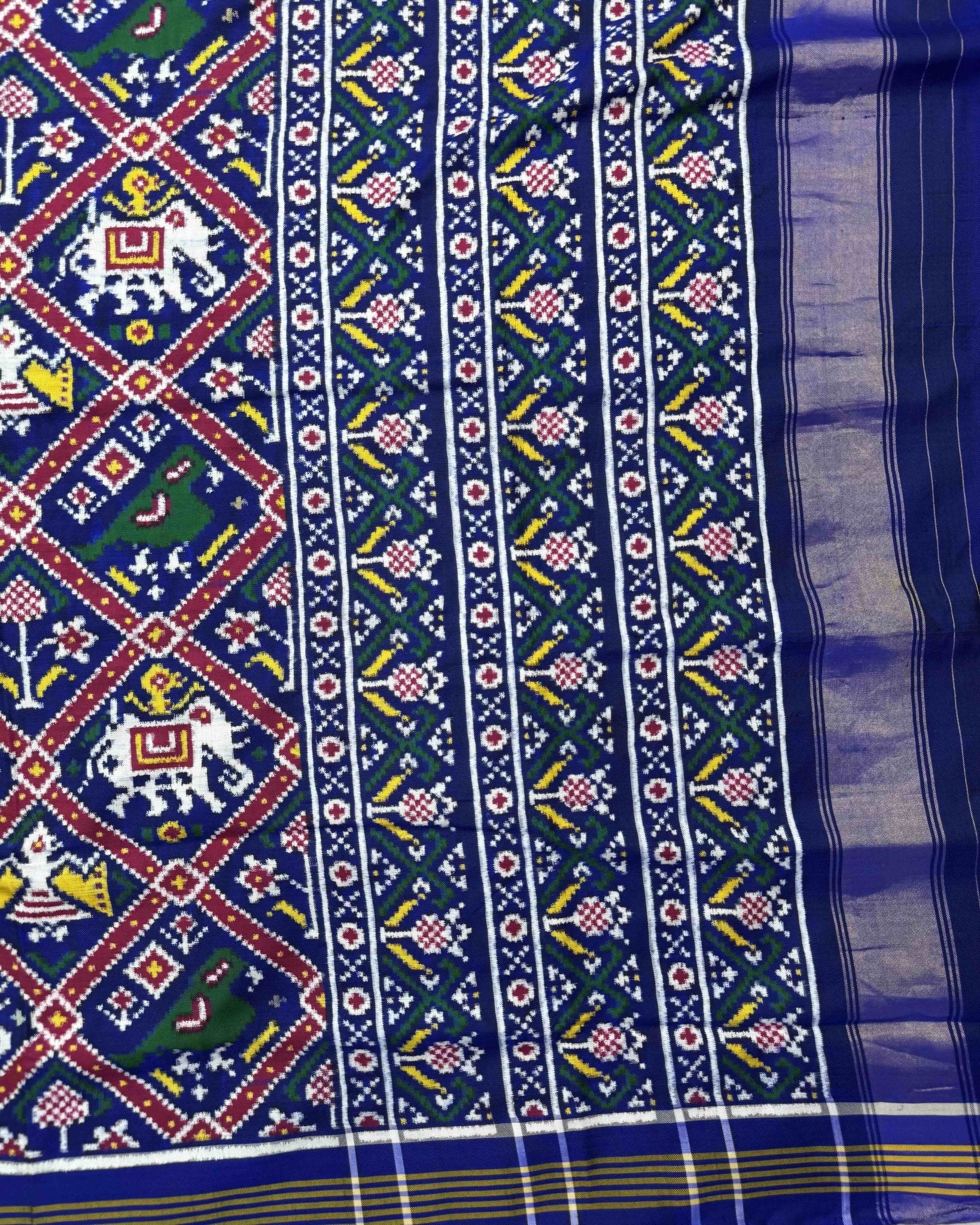 Blue Narikunj Double Ikat Patola Saree - SindhoiPatolaArt
