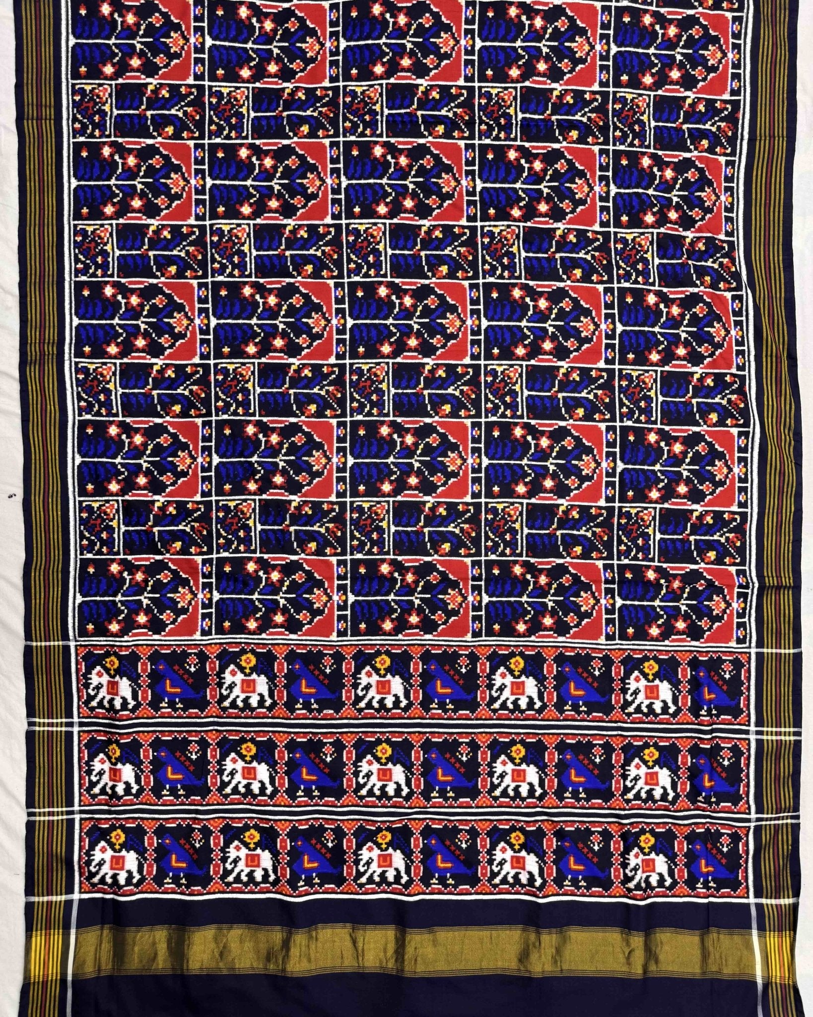 Blue New Flower Design Double Ikat Patola Saree - SindhoiPatolaArt