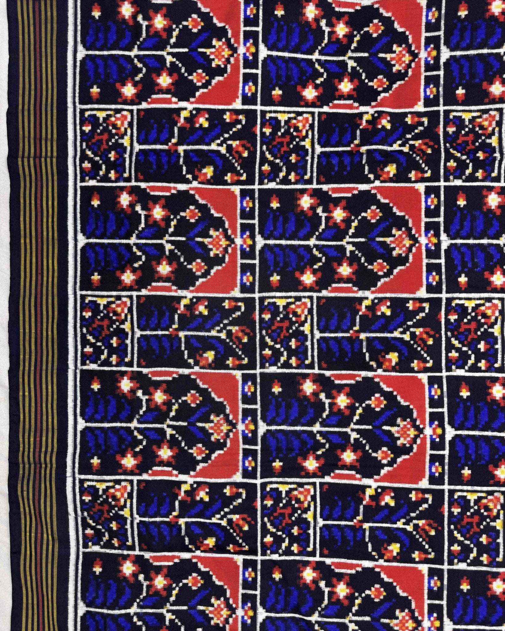 Blue New Flower Design Double Ikat Patola Saree - SindhoiPatolaArt
