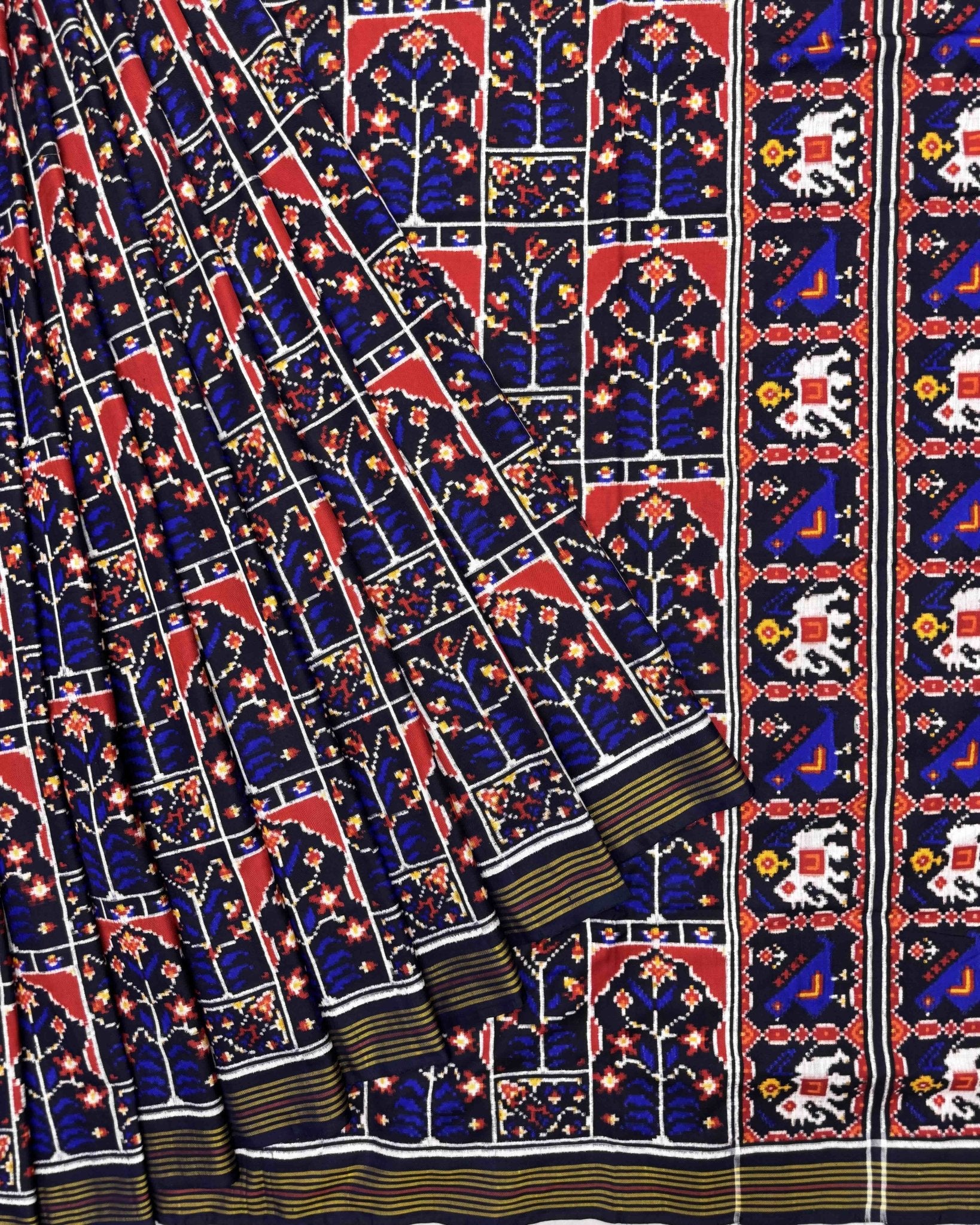 Blue New Flower Design Double Ikat Patola Saree - SindhoiPatolaArt
