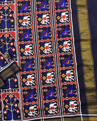 Blue New Flower Design Double Ikat Patola Saree - SindhoiPatolaArt