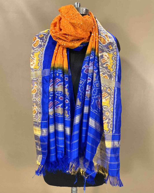 Blue & Orange Bandhani Patola Dupatta - SindhoiPatolaArt
