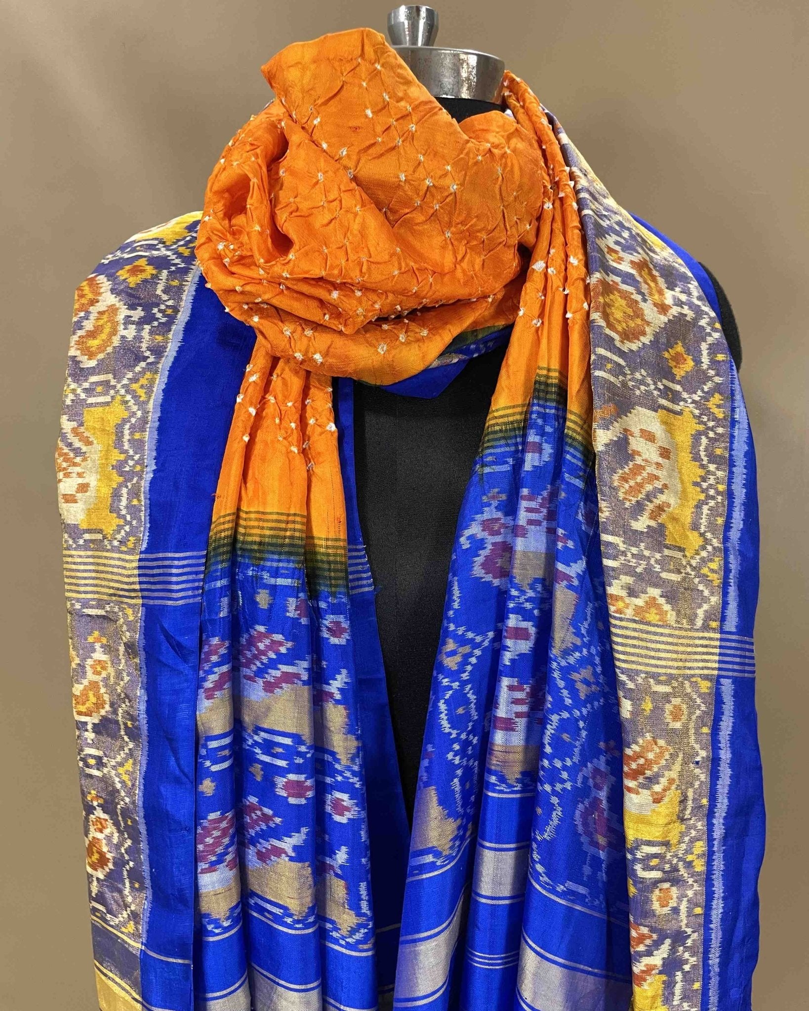 Blue & Orange Bandhani Patola Dupatta - SindhoiPatolaArt