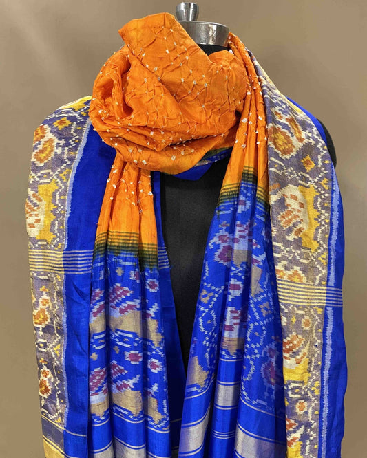 Blue & Orange Bandhani Patola Dupatta - SindhoiPatolaArt