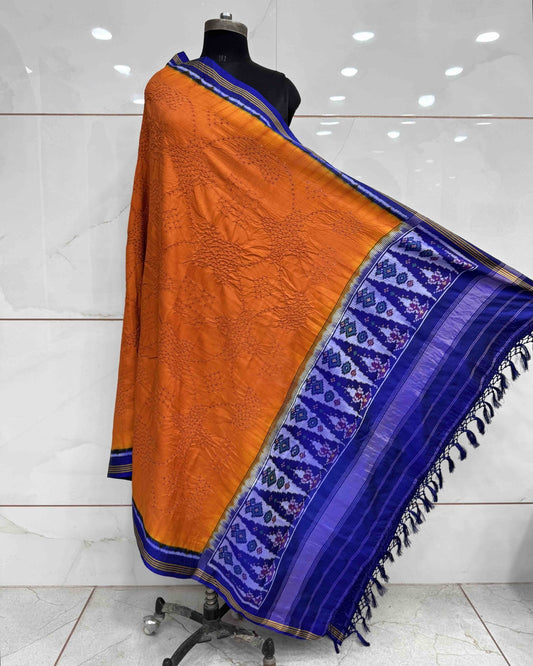 Blue & Orange Bandhani Patola Dupatta - SindhoiPatolaArt