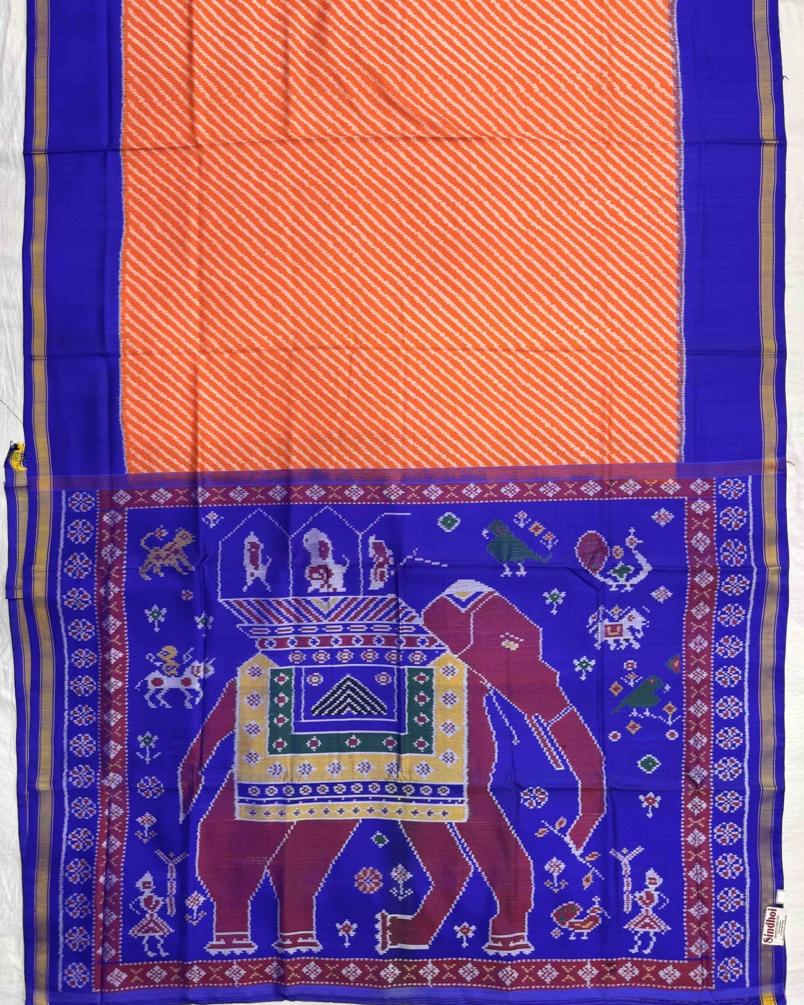 Blue & Orange Lining with Elephant Pallu Semi Double Ikat Patola Saree - SindhoiPatolaArt