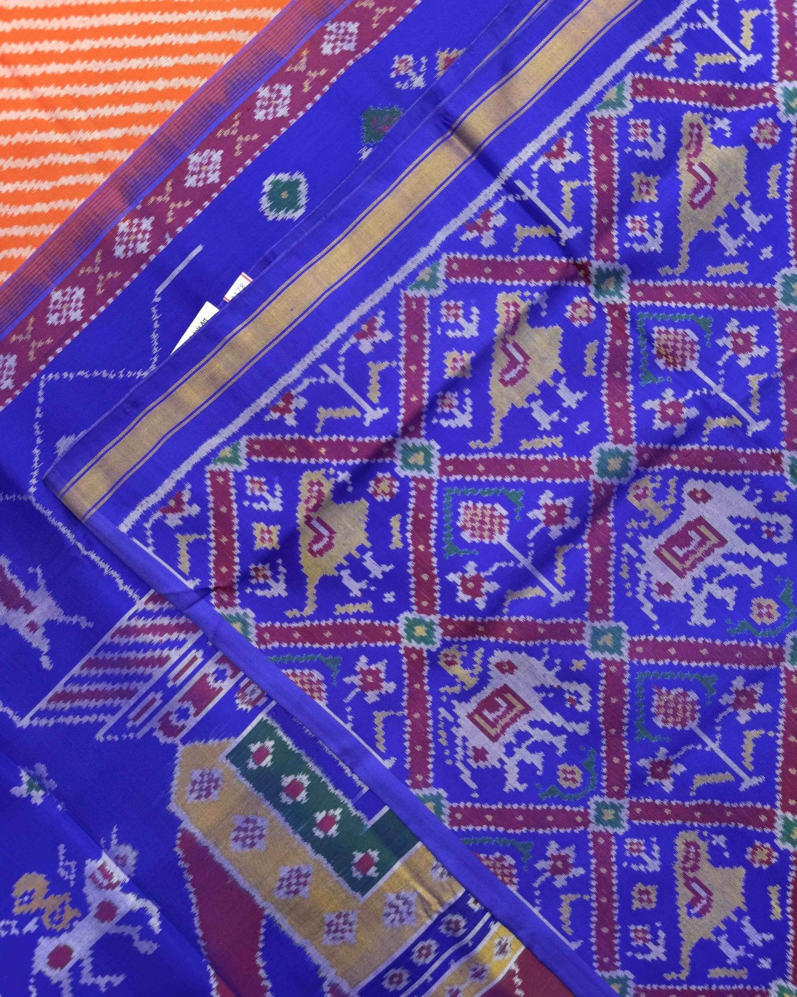 Blue & Orange Lining with Elephant Pallu Semi Double Ikat Patola Saree - SindhoiPatolaArt