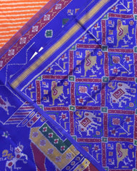 Blue & Orange Lining with Elephant Pallu Semi Double Ikat Patola Saree - SindhoiPatolaArt