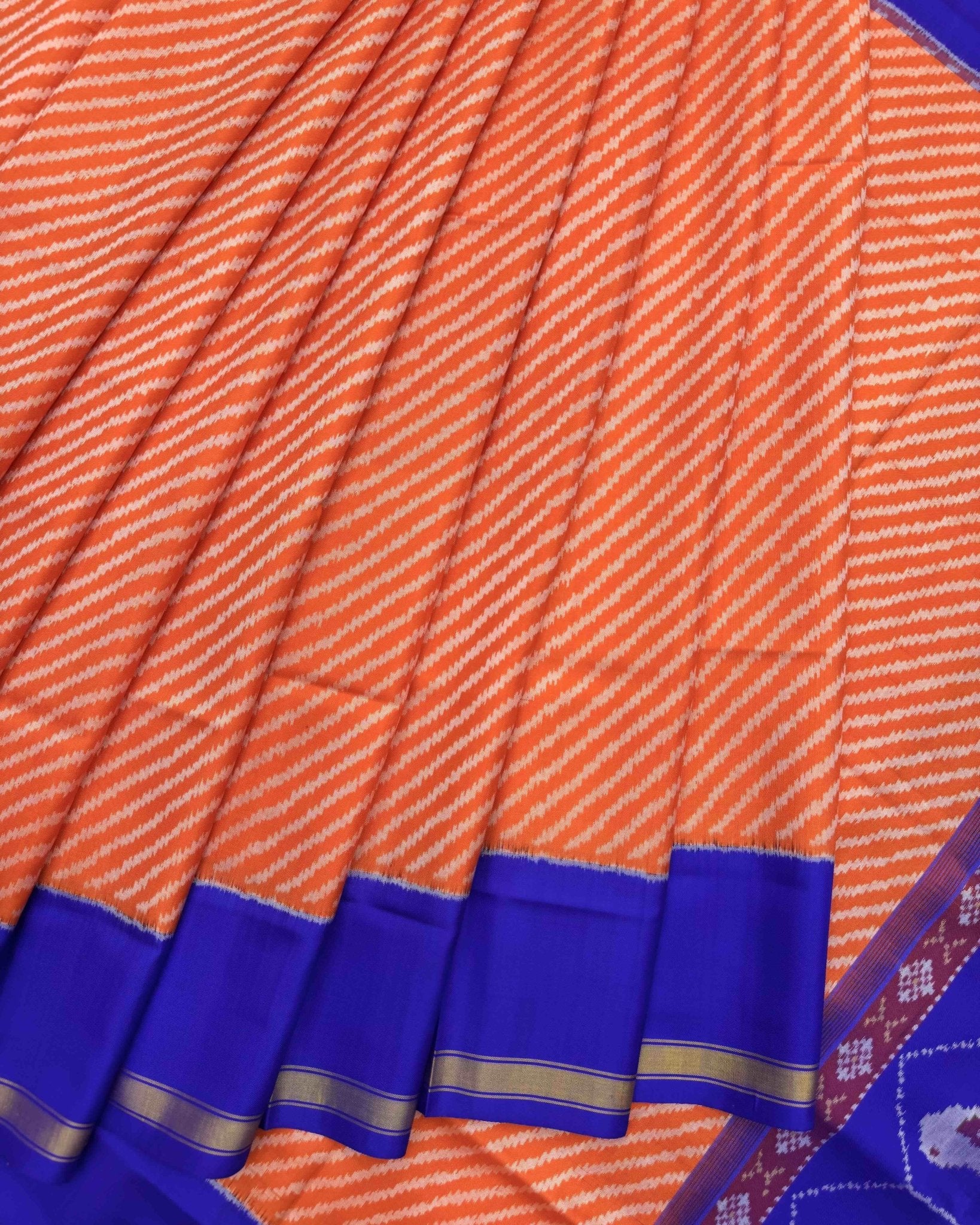 Blue & Orange Lining with Elephant Pallu Semi Double Ikat Patola Saree - SindhoiPatolaArt
