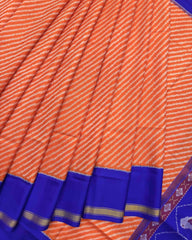 Blue & Orange Lining with Elephant Pallu Semi Double Ikat Patola Saree - SindhoiPatolaArt