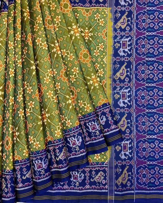 Blue & Parrot Green Navratan Patola Saree - SindhoiPatolaArt