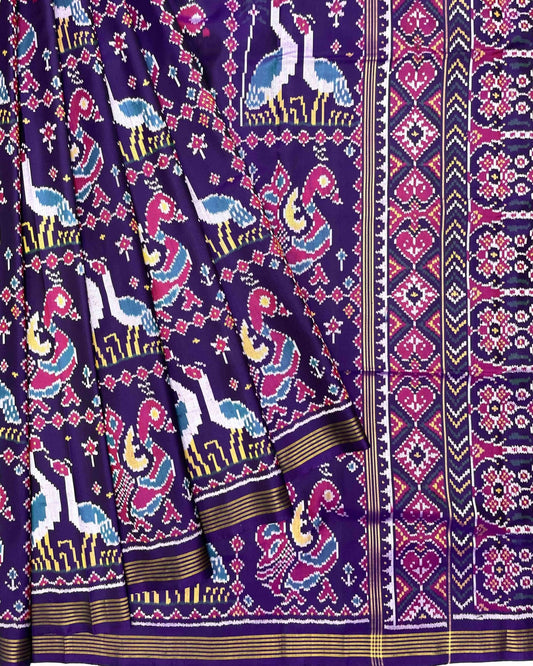 Blue Peacock & Swan Figure Patola Saree - SindhoiPatolaArt