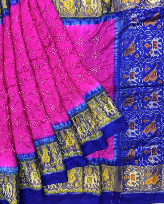 Blue & Pink Bandhani Patola Saree - SindhoiPatolaArt