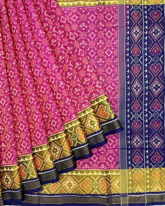 Blue & Pink Buttonful Patola Saree - SindhoiPatolaArt