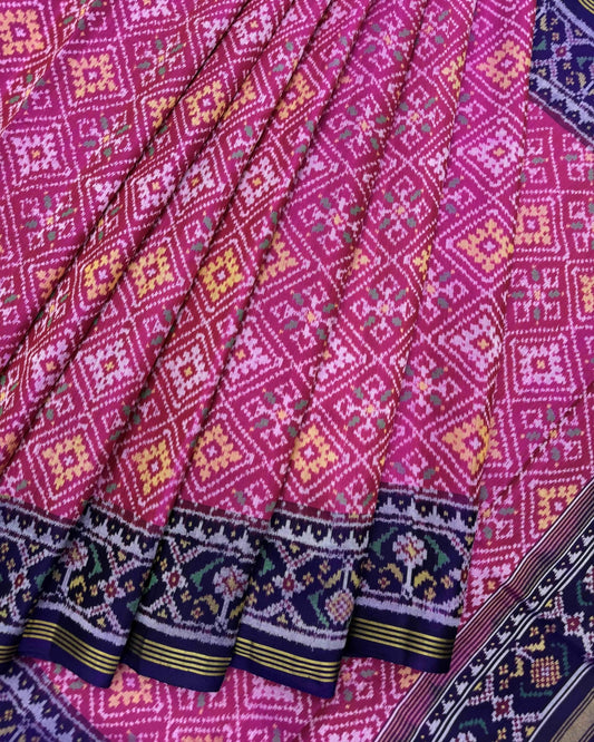 Blue & Pink Panchanda Semi Double Ikat Patola Saree - SindhoiPatolaArt