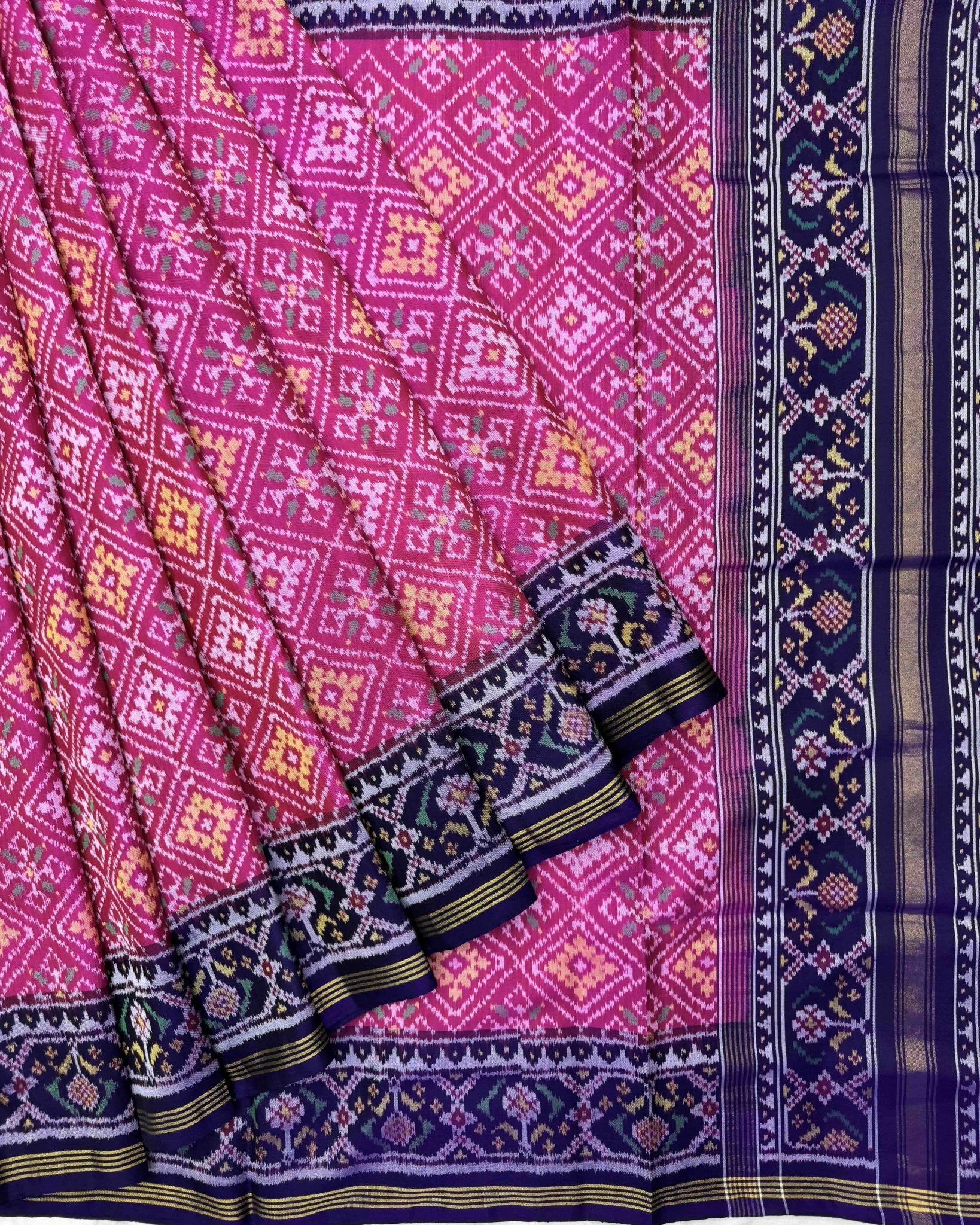 Blue & Pink Panchanda Semi Double Ikat Patola Saree - SindhoiPatolaArt