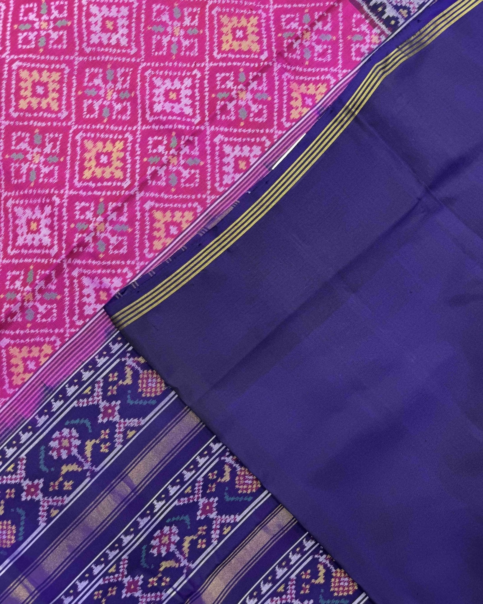 Blue & Pink Panchanda Semi Double Ikat Patola Saree - SindhoiPatolaArt