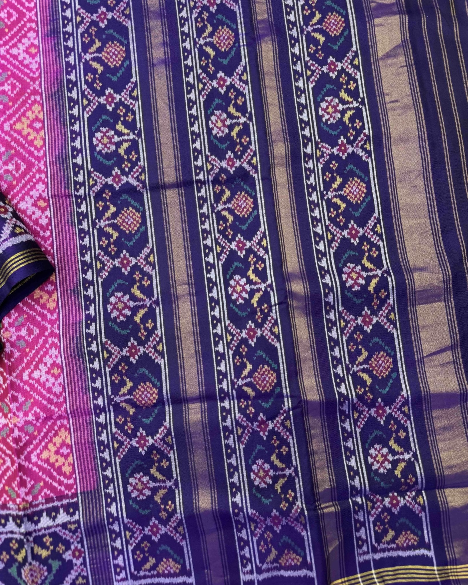 Blue & Pink Panchanda Semi Double Ikat Patola Saree - SindhoiPatolaArt