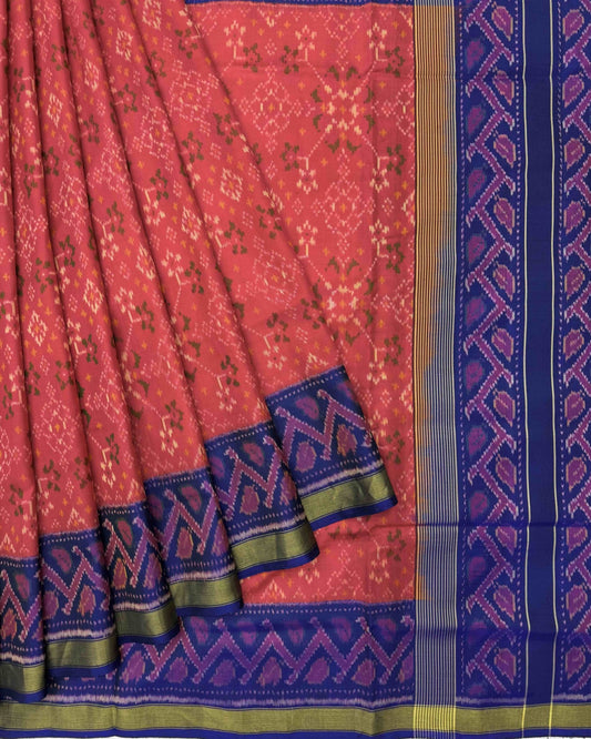 Blue & Pinkish Red Navratan Patola Saree - SindhoiPatolaArt