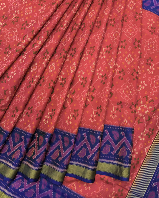 Blue & Pinkish Red Navratan Patola Saree - SindhoiPatolaArt