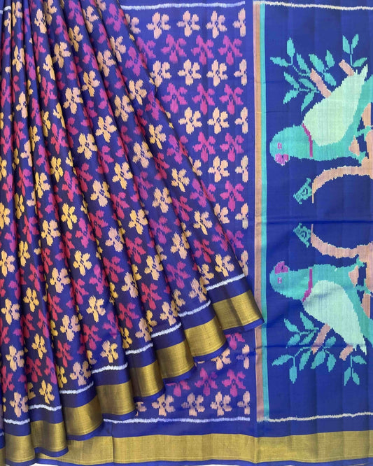 Blue & Purle Fancy Flower with Parrot Pallu Patola Saree - SindhoiPatolaArt