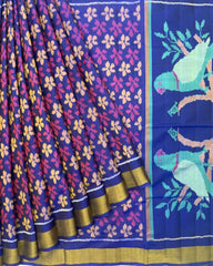 Blue & Purle Fancy Flower with Parrot Pallu Patola Saree - SindhoiPatolaArt