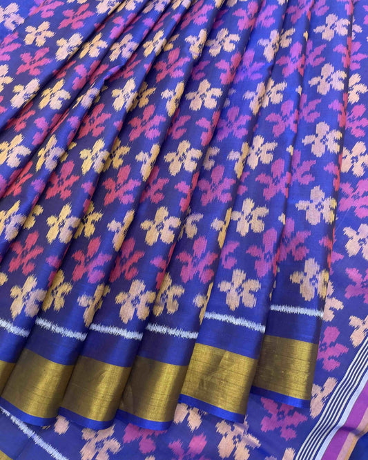Blue & Purle Fancy Flower With Swan Pallu Patola Saree - SindhoiPatolaArt
