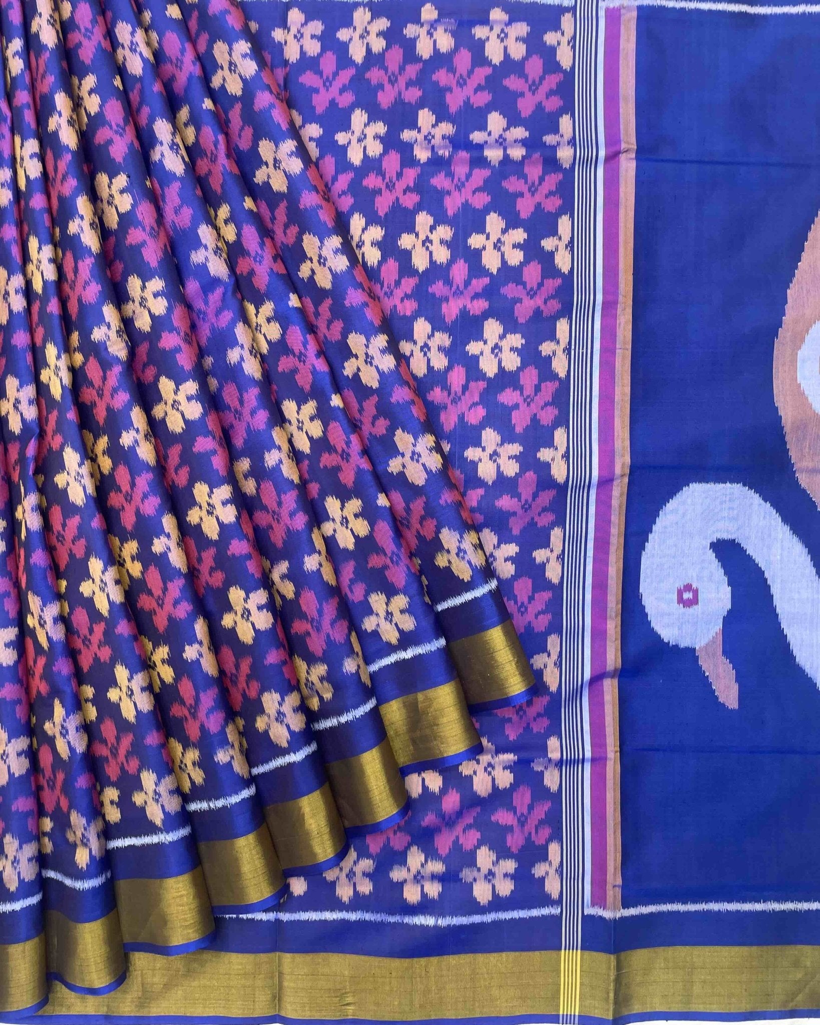 Blue & Purle Fancy Flower With Swan Pallu Patola Saree - SindhoiPatolaArt