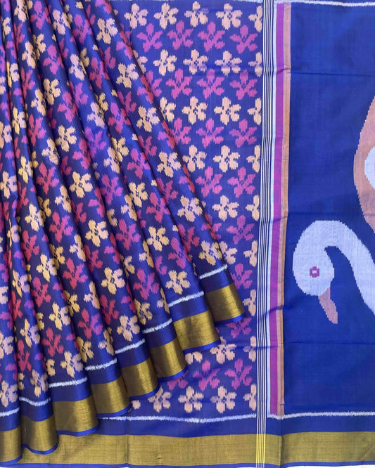 Blue & Purle Fancy Flower With Swan Pallu Patola Saree - SindhoiPatolaArt