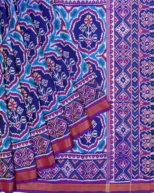 Blue & Purple Big Figure Flower Designer Patola Saree - SindhoiPatolaArt