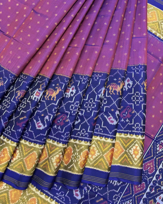 Blue & Purple Doted with Star Narikunj Scut Border Patola Saree - SindhoiPatolaArt