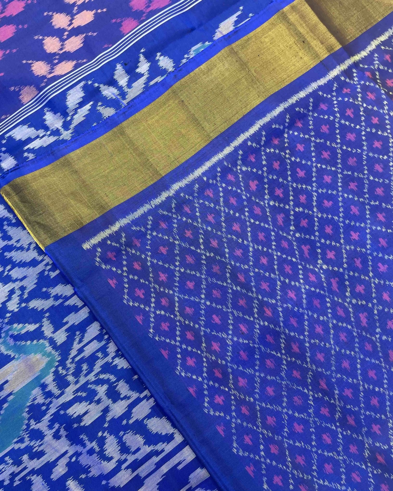Blue & Purple Leaves Leheriya With Tree Pallu Patola Saree - SindhoiPatolaArt