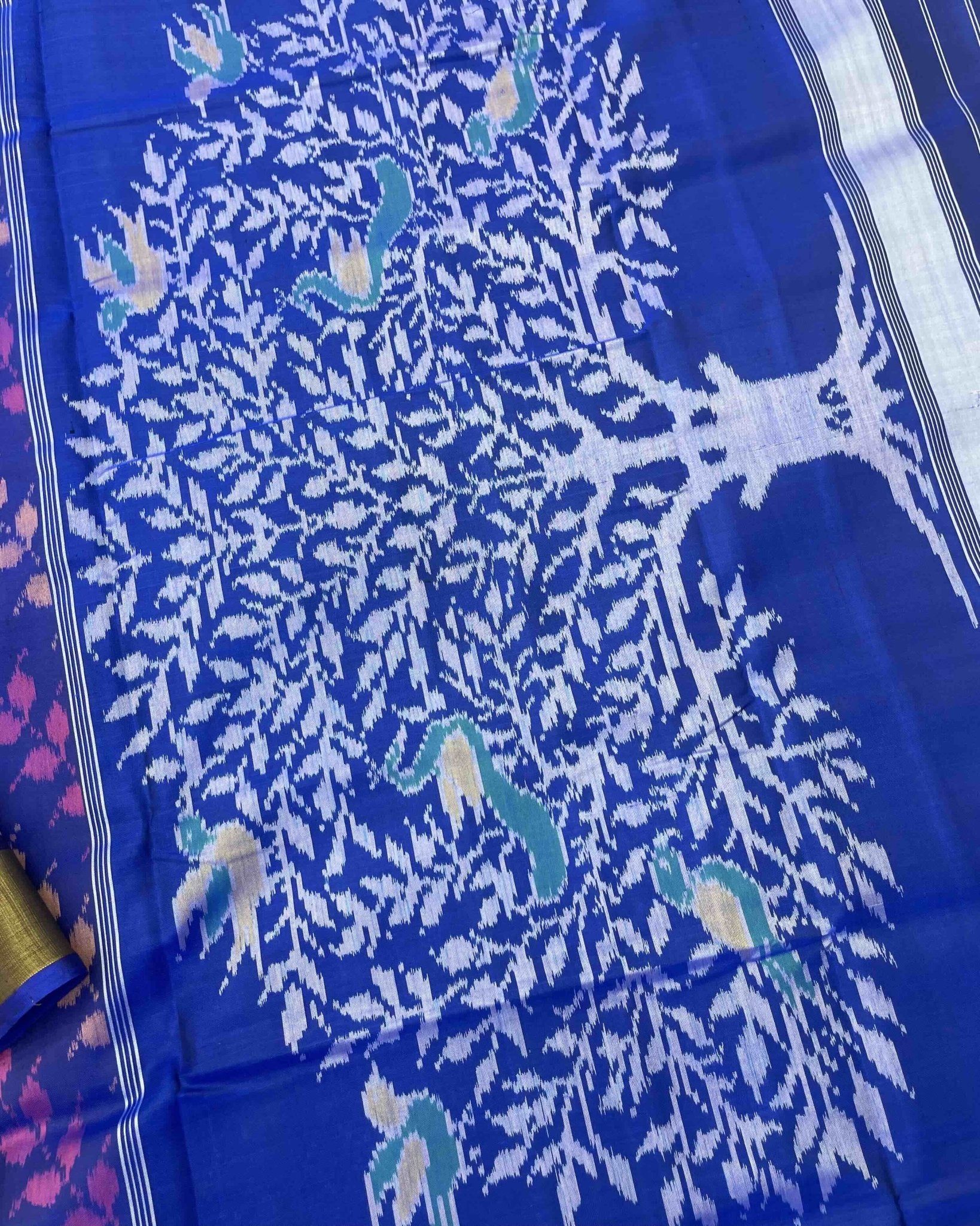 Blue & Purple Leaves Leheriya With Tree Pallu Patola Saree - SindhoiPatolaArt