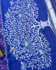Blue & Purple Leaves Leheriya With Tree Pallu Patola Saree - SindhoiPatolaArt